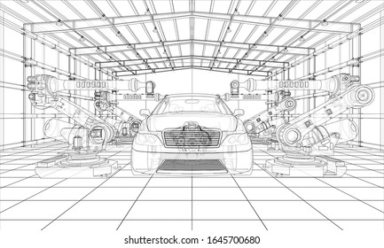 Assembly of motor vehicle. Robotic equipment makes Assembly of car. Blueprint style. Vector rendering from 3D model