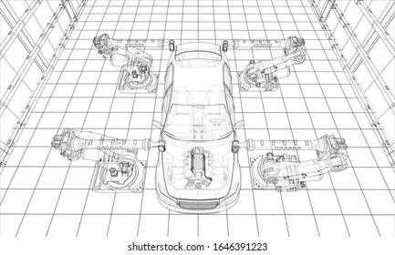 Assembly of motor vehicle. Robotic equipment makes Assembly of car. Blueprint style. Vector rendering from 3D model