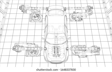 Assembly of motor vehicle. Robotic equipment makes Assembly of car. Blueprint style. Vector rendering from 3D model