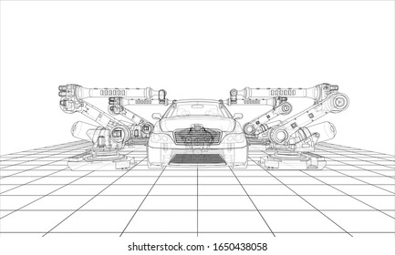 Assembly of motor vehicle. Robotic equipment makes Assembly of car. Blueprint style. Vector rendering from 3D model