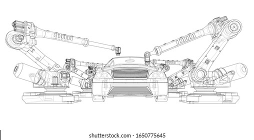 Assembly of motor vehicle. Robotic equipment makes Assembly of car. Blueprint style. Vector rendering from 3D model