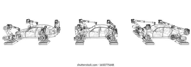 Assembly of motor vehicle. Robotic equipment makes Assembly of car. Blueprint style. Vector rendering from 3D model