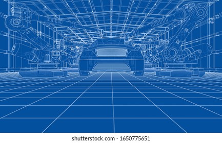 Assembly of motor vehicle. Robotic equipment makes Assembly of car. Blueprint style. Vector rendering from 3D model