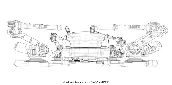 Assembly of motor vehicle. Robotic equipment makes Assembly of car. Blueprint style. Vector rendering from 3D model