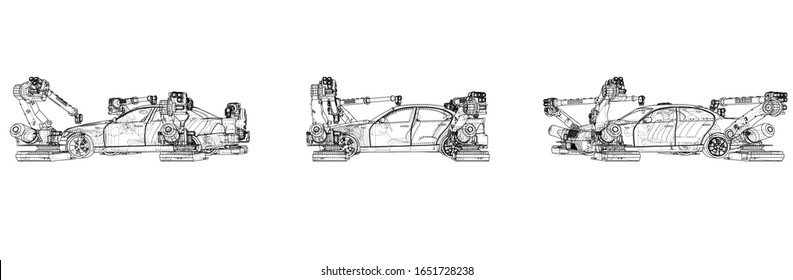 Assembly of motor vehicle. Robotic equipment makes Assembly of car. Blueprint style. Vector rendering from 3D model