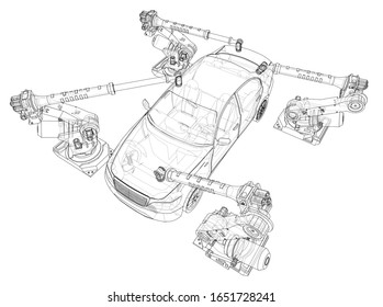 Assembly of motor vehicle. Robotic equipment makes Assembly of car. Blueprint style. Vector rendering from 3D model