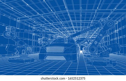 Assembly of motor vehicle. Robotic equipment makes Assembly of car. Blueprint style. Vector rendering from 3D model