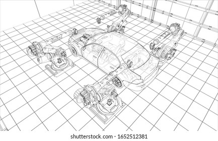 Assembly of motor vehicle. Robotic equipment makes Assembly of car. Blueprint style. Vector rendering from 3D model