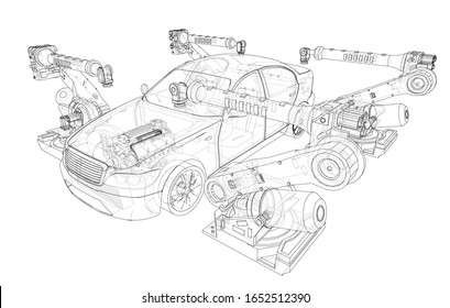 Assembly of motor vehicle. Robotic equipment makes Assembly of car. Blueprint style. Vector rendering from 3D model