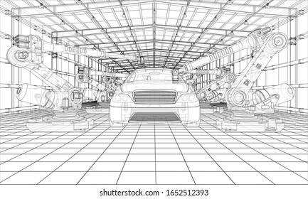 Assembly of motor vehicle. Robotic equipment makes Assembly of car. Blueprint style. Vector rendering from 3D model