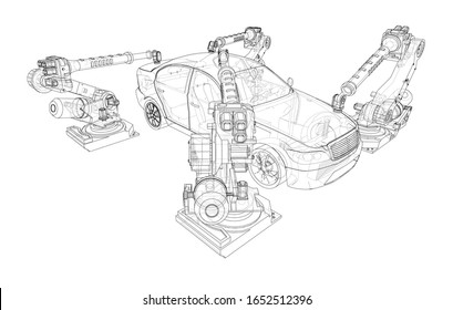 Assembly of motor vehicle. Robotic equipment makes Assembly of car. Blueprint style. Vector rendering from 3D model
