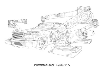 Assembly of motor vehicle. Robotic equipment makes Assembly of car. Blueprint style. Vector rendering from 3D model