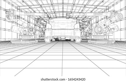 Assembly of motor vehicle. Robotic equipment makes Assembly of car. Blueprint style. Vector rendering from 3D model