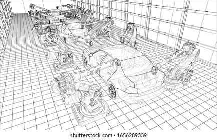 Assembly of motor vehicle. Robotic equipment makes Assembly of car. Blueprint style. Vector rendering from 3D model