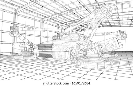Assembly of motor vehicle. Robotic equipment makes Assembly of car. Blueprint style. Vector rendering from 3D model