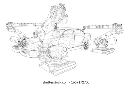Assembly of motor vehicle. Robotic equipment makes Assembly of car. Blueprint style. Vector rendering from 3D model