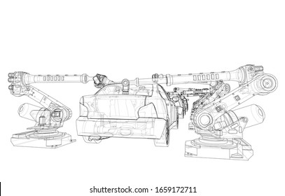 Assembly of motor vehicle. Robotic equipment makes Assembly of car. Blueprint style. Vector rendering from 3D model