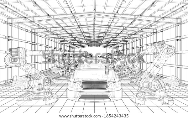 Assembly\
of motor vehicle. Robotic equipment makes Assembly of car.\
Blueprint style. Vector rendering from 3D\
model