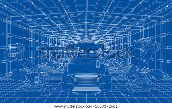 Assembly\
of motor vehicle. Robotic equipment makes Assembly of car.\
Blueprint style. Vector rendering from 3D\
model