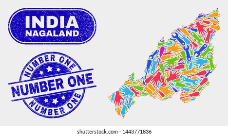 Assembly Nagaland State map and blue Number One scratched stamp. Colored vector Nagaland State map mosaic of mechanic units. Blue round Number One stamp.