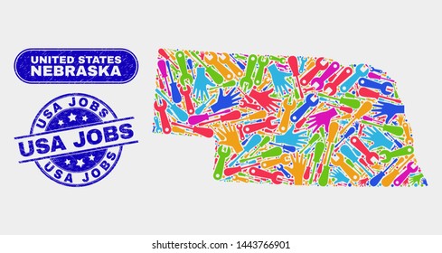 Assembly Nebraska State map and blue USA Jobs grunge seal stamp. Colorful vector Nebraska State map mosaic of equipment elements. Blue round USA Jobs stamp.