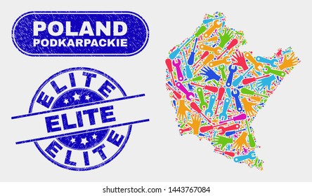 Assembly Podkarpackie Voivodeship map and blue Elite grunge seal stamp. Bright vector Podkarpackie Voivodeship map mosaic of productivity elements. Blue round Elite seal.