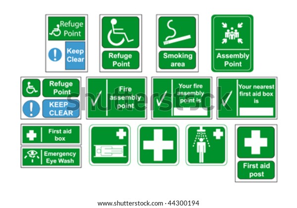 Assembly Point and First Aid Signs vector, isolated\
by group