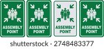 Assembly point icon set, stylized green safety signs for emergency gathering, evacuation planning, and public infrastructure themes