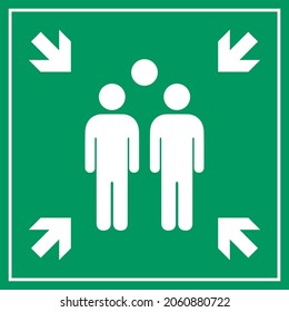 Assembly point security sign, fire evacuation meeting place vector placard on white background