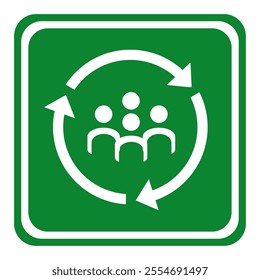 assembly point sign with circular arrows on green square board 