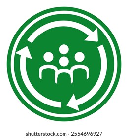 assembly point sign with circular arrows on green circle board 