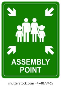 Assembly point sign. Meeting place for lost people or a safe point in an emergency. Vector illustration. Images of men, women, boy and girl with pointer arrow on the green.