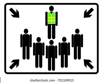 Assembly point sign on white background. Meeting point icon for evacuation. Gathering point signboard. EPS10 vector illustration for poster, sticker, sign, symbol, banner, template, print.