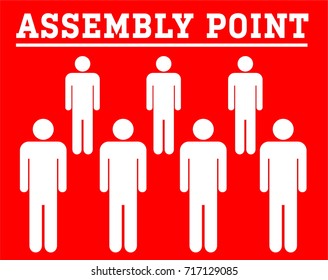 assembly point symbol board with group icon people isolated on red background 