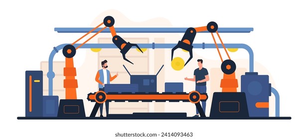 Assembly production process on automatic smart conveyor using robotic arms. Engineers and male operators control quality of machinery and efficient network manufacturing cartoon vector illustration