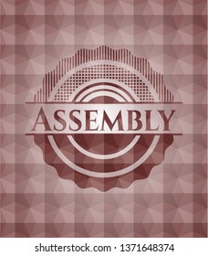 Assembly red badge with geometric background. Seamless.