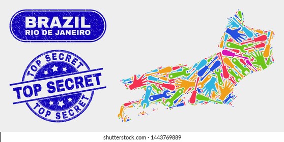 Assembly Rio de Janeiro State map and blue Top Secret grunge seal stamp. Colored vector Rio de Janeiro State map mosaic of service units. Blue rounded Top Secret rubber.