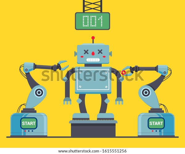 assembly of the robot at the factory\
using robotic cliches. Flat character vector\
illustration.