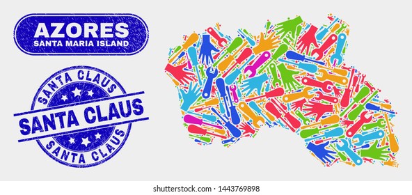 Assembly Santa Maria Island map and blue Santa Claus textured seal stamp. Colored vector Santa Maria Island map mosaic of mechanic elements. Blue rounded Santa Claus seal.