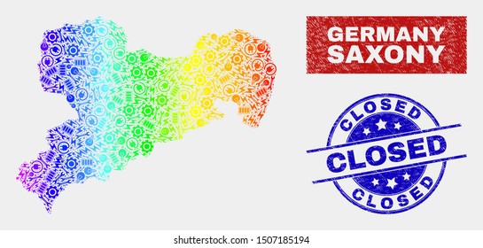 Assembly Saxony Land map and blue Closed scratched stamp. Rainbow colored gradient vector Saxony Land map mosaic of mechanic units. Blue round Closed stamp.