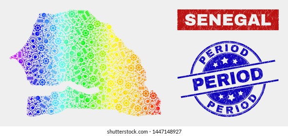 Assembly Senegal map and blue Period grunge seal stamp. Colorful gradiented vector Senegal map mosaic of engineering units. Blue rounded Period seal.