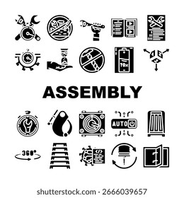 montagem configurar ícones do produto definir vetor. instalação, configuração integração, design manufatura, montagem de produção configurar pictograma de glifo do produto Ilustrações