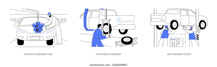 Assembly shop in automotive industry abstract concept vector illustration set. Car parts assembly line, factory worker installing car wheels, vehicle production factory test abstract metaphor.