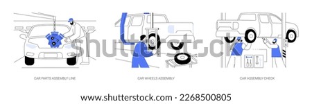 Assembly shop in automotive industry abstract concept vector illustration set. Car parts assembly line, factory worker installing car wheels, vehicle production factory test abstract metaphor.