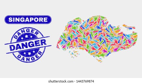 Assembly Singapore map and blue Danger grunge seal stamp. Colored vector Singapore map mosaic of engineering parts. Blue rounded Danger seal.