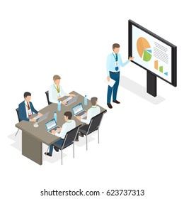 Assembly and speech of top managers on white background. Vector illustration of man appearing and pointing at monitor with charts, remaining members of business coaching sitting at table with laptops.