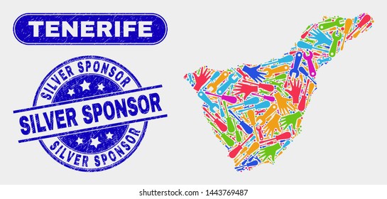 Assembly Tenerife map and blue Silver Sponsor grunge seal stamp. Colorful vector Tenerife map mosaic of industrial items. Blue rounded Silver Sponsor stamp.