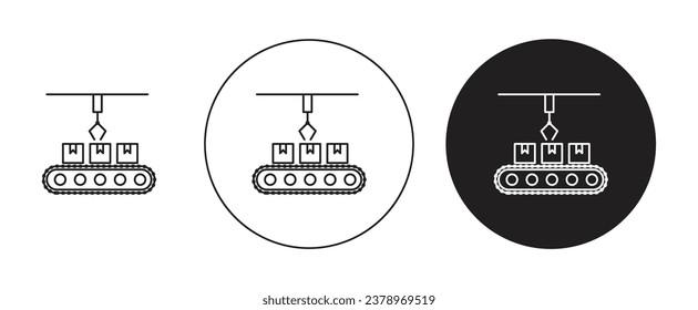 Thin Line-Icon-Set zusammensetzen. Förderband-Vektorsymbol herstellen. Produktions-Roboterarmzeichen in schwarz-weißer Farbe