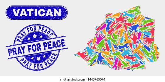 Assembly Vatican map and blue Pray for Peace grunge stamp. Bright vector Vatican map mosaic of mechanic items. Blue round Pray for Peace stamp.