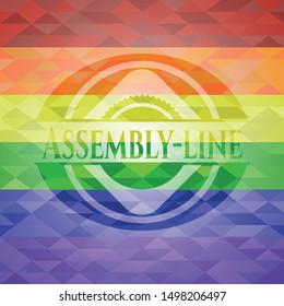 Assembly-line emblem on mosaic background with the colors of the LGBT flag
